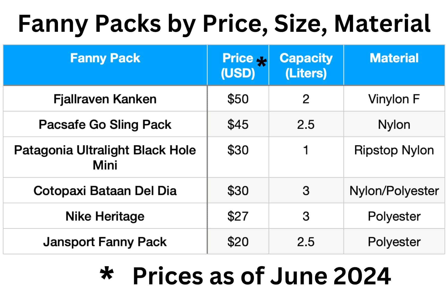 Fanny Packs Compared Price Size