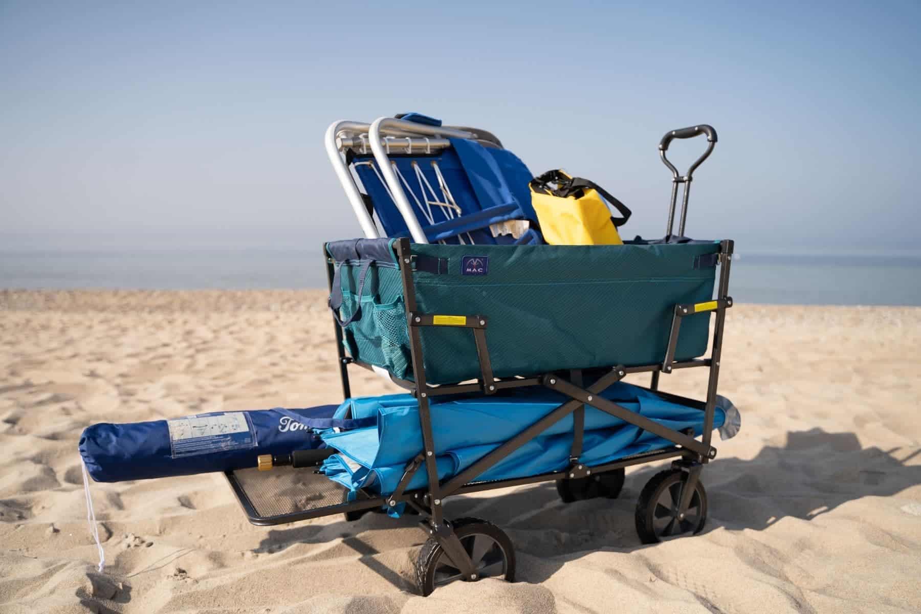 mac sports double on beach loaded with beach gear